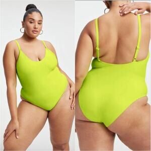Good American Always Sunny One Piece Ribbed Swimsuit in Electric Lime/Yellow